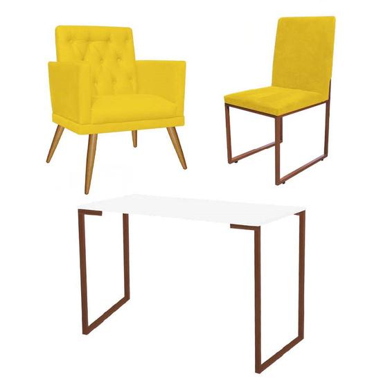 Imagem de Kit Escritório Stan Poltrona Maria com Cadeira e Mesa Industrial Branco Bronze material sintético Amarelo - Ahz Móveis