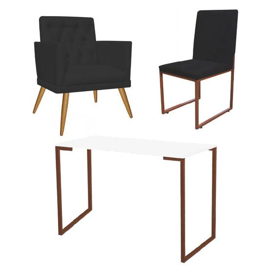 Imagem de Kit Escritório Stan Poltrona Maria com Cadeira e Mesa Industrial Branco Bronze material sintético Preto - Ahazzo Móveis