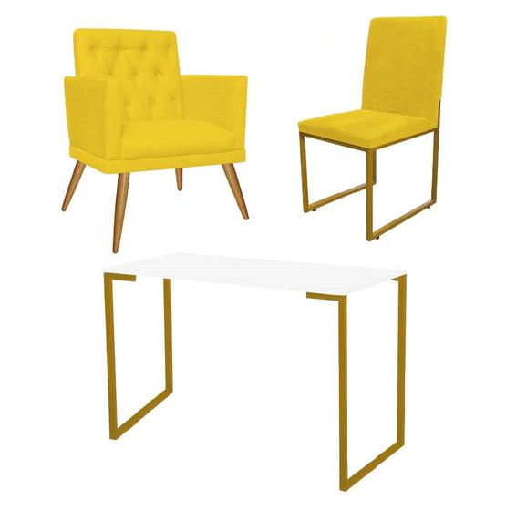 Imagem de Kit Escritório Stan Poltrona Maria e Cadeira e Mesa Industrial Branco Dourado Suede Amarelo - Ahz Móveis