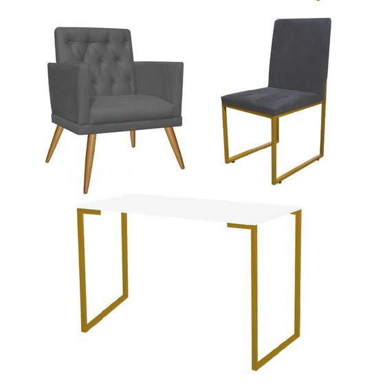 Imagem de Kit Escritório Stan Poltrona Maria e Cadeira e Mesa Industrial Branco Dourado Tecido Sintético Cinza - Ahz Móveis