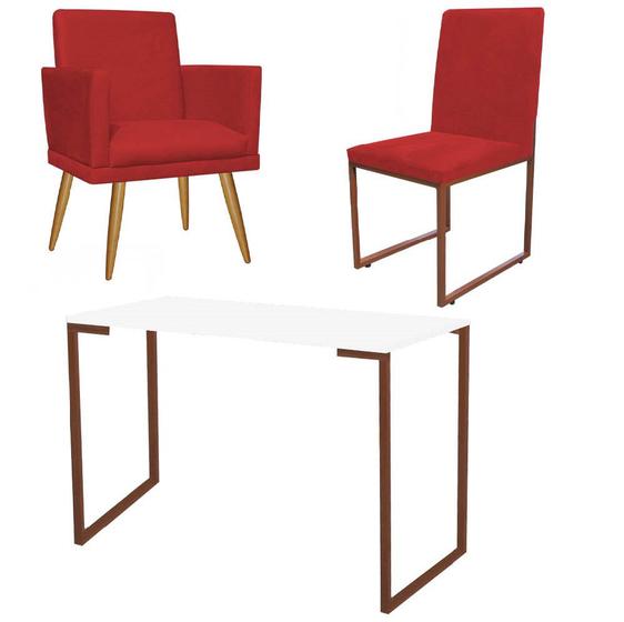 Imagem de Kit Escritório Stan Poltrona Rodapé com Cadeira e Mesa Industrial Branco Bronze material sintético Vermelho - Ahz Móveis