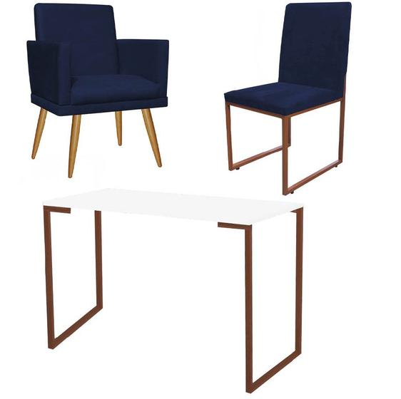 Imagem de Kit Escritório Stan Poltrona Rodapé com Cadeira e Mesa Industrial Branco Bronze Suede Azul Marinho - Ahz Móveis