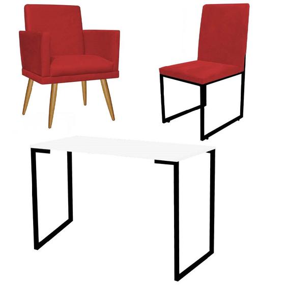 Imagem de Kit Escritório Stan Poltrona Rodapé com Cadeira e Mesa Industrial Branco Preto Suede Vermelho - Ahazzo Móveis