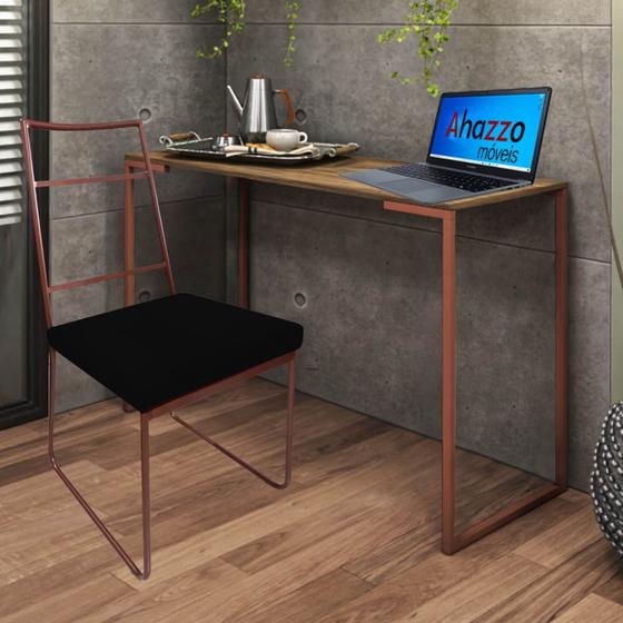 Imagem de Kit Escritório Stark Cadeira e Mesa Industrial Ferro Bronze Tampo MDF Imbuia Suede Preto - Ahz Móveis