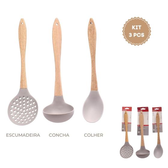 Kit Escumadeira Concha Colher Talheres Silicone Madeira 3Pçs Menor preço em Kit Escumadeira Concha Colher Talheres Silicone Madeira 3Pçs