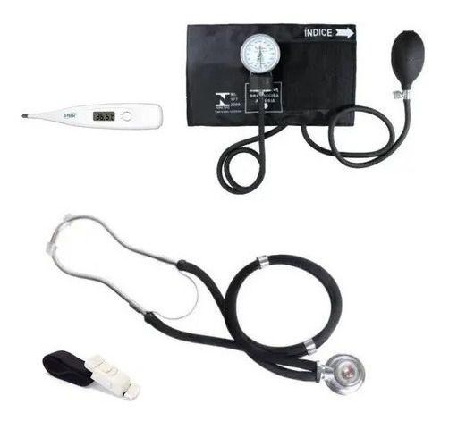 Imagem de Kit Esfigmomanômetro + Estetoscópio Preto + Termômetro + Garrote