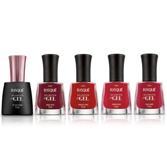 Kit Esmalte Diamond Gel Risque 4 Tons de Vermelho + Fixador Menor preço em Kit Esmalte Diamond Gel Risque 4 Tons de Vermelho + Fixador