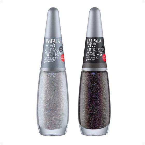 Imagem de Kit Esmalte Glitter 3D Impala Viva, Ame E Brilhe Com 2 7,5Ml