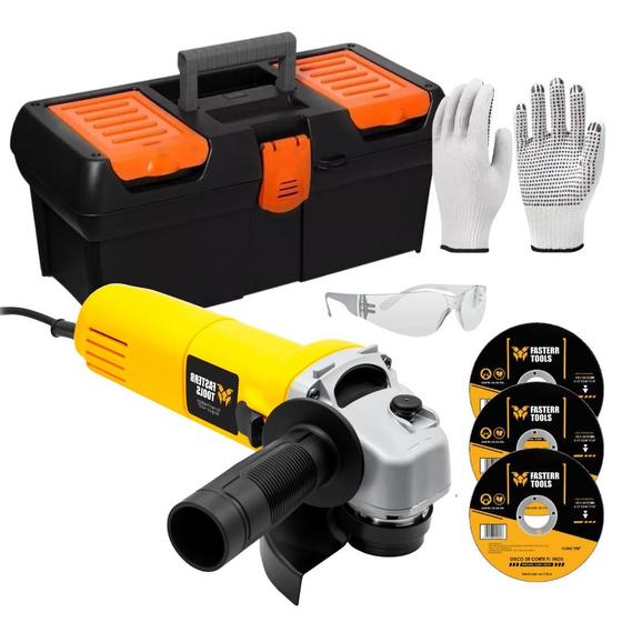 Imagem de Kit Esmerilhadeira Angular 4.1/2” 820w Fasterr Com Disco de Corte, EPIs e Caixa Organizadora    