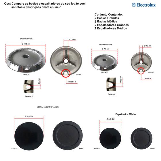 Imagem de Kit espalhadores + bacias p/ fogões electrolux 4 bocas 52 gp