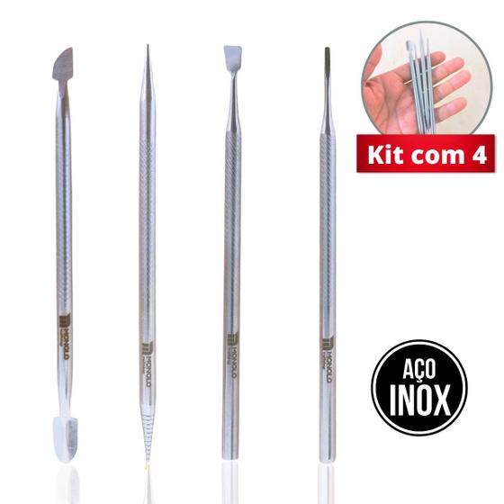 Imagem de Kit Espátula + Palito + Desencravador + Raspador Manicure Aço Inox Profissional