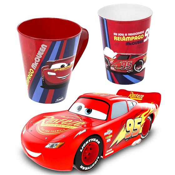 Imagem de Kit Especial 3 em 1 Carrinho Relâmpago Mcqueen 13cm com Caneca e Copo Original