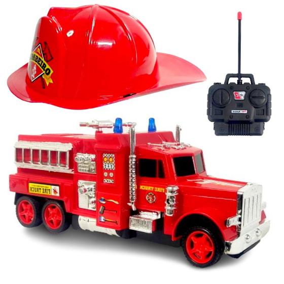 Imagem de Kit Especial Carrinho de Controle Remoto Caminhão Bombeiros Americano + Chapéu