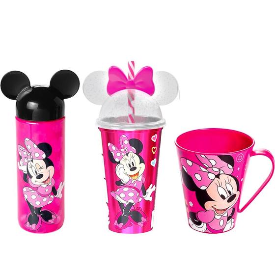 Imagem de Kit Especial Garrafinha Lúdica Caneca e Copo com Orelhas Rosa Minnie 500ml Original