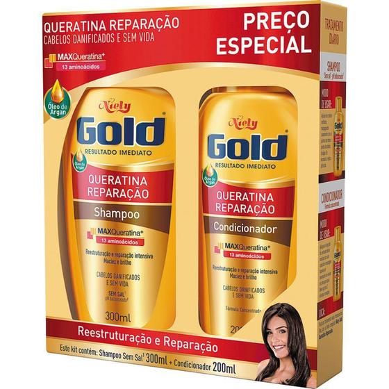 Imagem de Kit Especial Shampoo + Condicionador Niely Gold Queratina Reparação 500ml