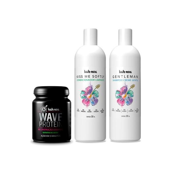 Imagem de Kit Especial Shampoo Creme Gentleman + Condicionador Limpante Kiss me Softly + Máscara de Reconstrução Wave - Kah-Noa