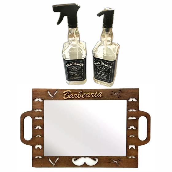 Imagem de Kit Espelho Barbeiro Saboneteira Borrifador Jack Daniels Barber Shop Personalizado