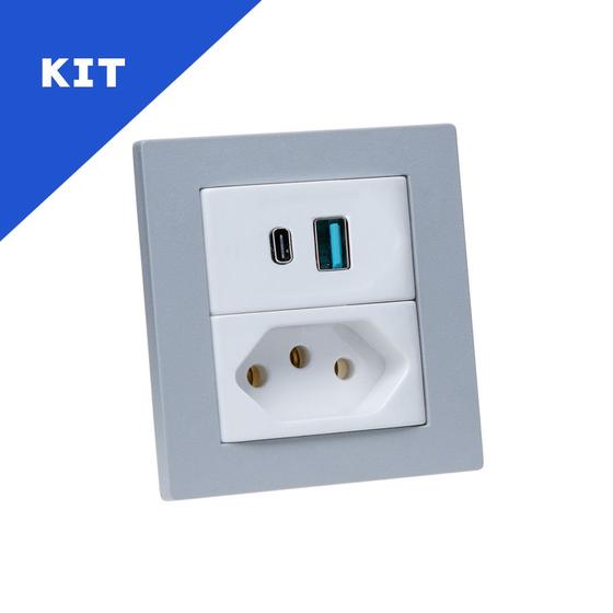 Imagem de Kit Espelho Duplo Reto com 1 Tom 20A e 2 USB 9.0A Cinza