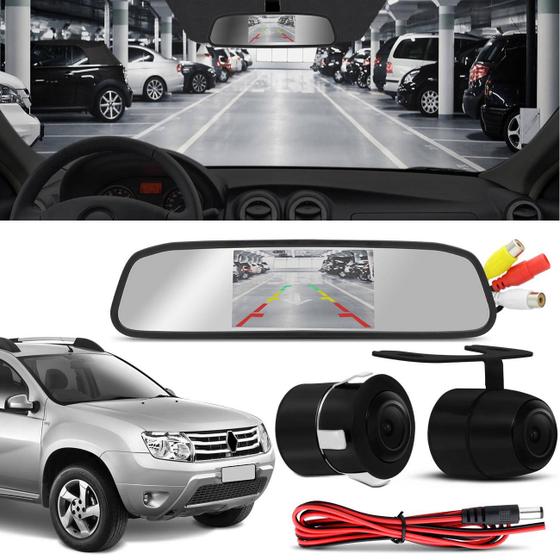 Imagem de Kit Espelho Retrovisor Interno Com Câmera de Ré Renault Sandero e Duster Preta Tela LCD 4,3 Pol