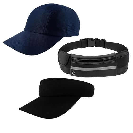 Imagem de Kit Esportivo Bonés E Viseira Lisa + Pochete Impermeável Masculino, Feminino - Para Corrida, Praia, Caminhada, Ciclismo