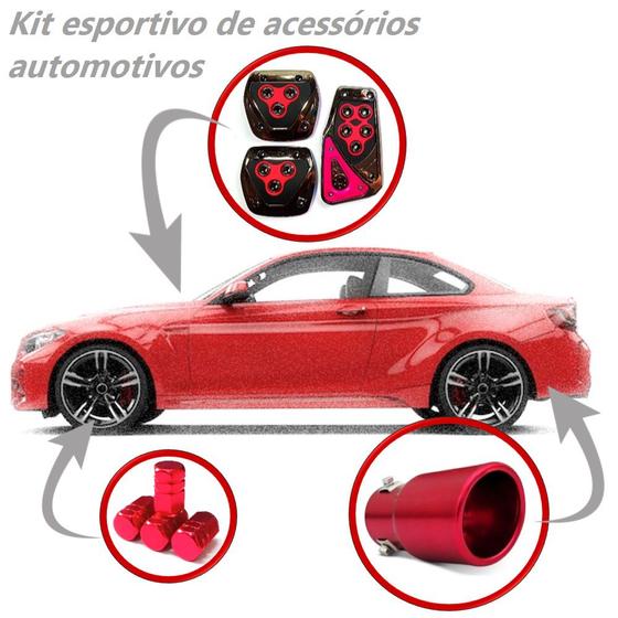 Imagem de  Kit Esportivo de Acessórios Automotivos Ponteira, Pedaleira, Pino de Válvula Pneu Vermelho