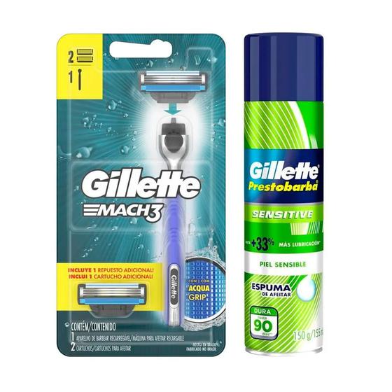 Imagem de Kit Espuma Barbear Prestobarba Sensitive Skin 150g+Aparelho Barbear Mach3 Acqua Com Carga 2un Regular