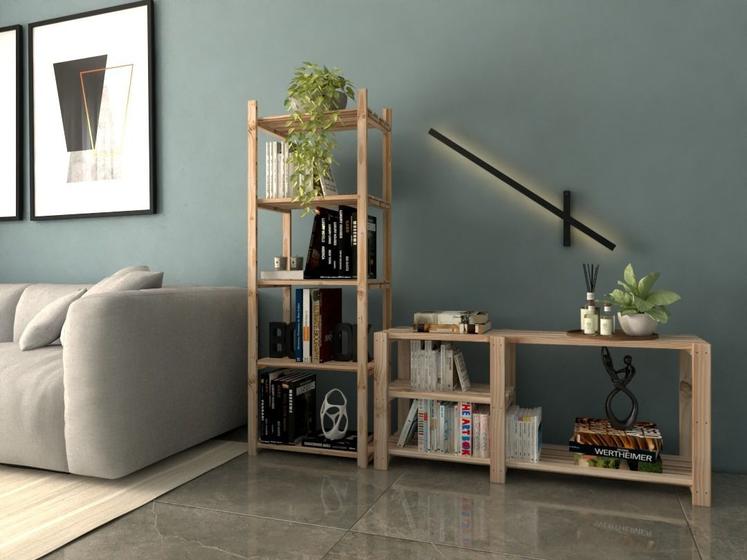 Imagem de Kit Estante Armário Madeira Natural Área Interna Para Chão e  Aparador Quarto Atemporal Madeira Natural Botas Multiuso