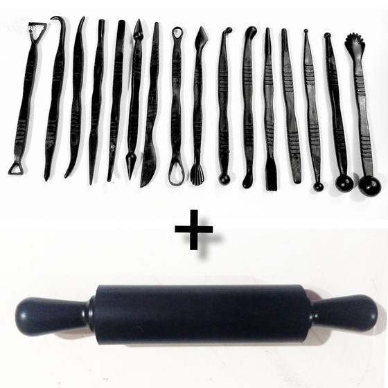 Kit Estecas 16 Ferramentas + Rolo 23cm - LCplasitic Imagem de Kit Estecas 16 Ferramentas + Rolo 23cm