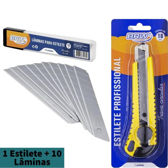 Imagem de Kit Estilete Profissional Resistente Largo 18mm BRW com 10 Lâminas Extras - Estilete com Trava Circular Modelo ES1802