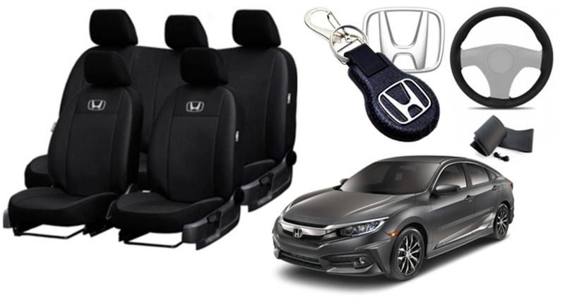 Imagem de Kit Estilizado Couro Bancos Honda Civic 2016-2021 + Volante + Chaveiro