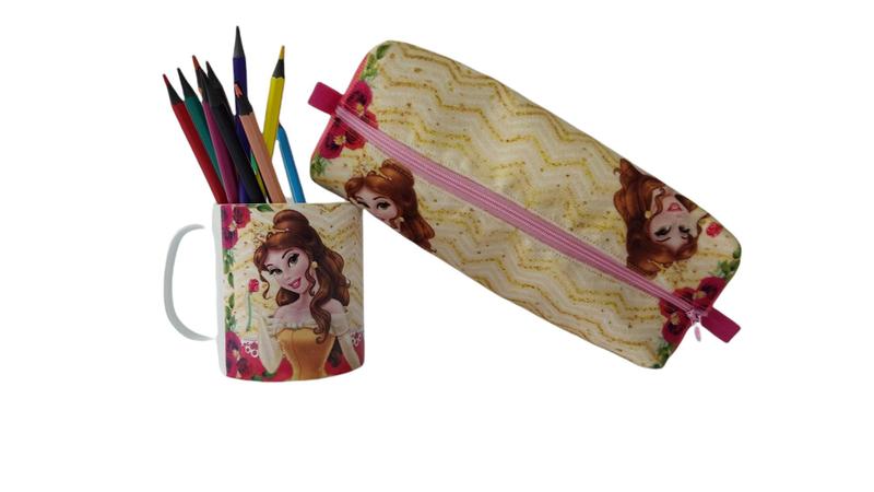 Imagem de Kit Estojo Nylon E Caneca Princesa Bela Material Escolar