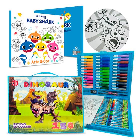 Imagem de Kit Estojo Pintura Maleta Dinossauros 150 Peças Livro BabyShark Desenhos P/Colorir Infantil PinkFong