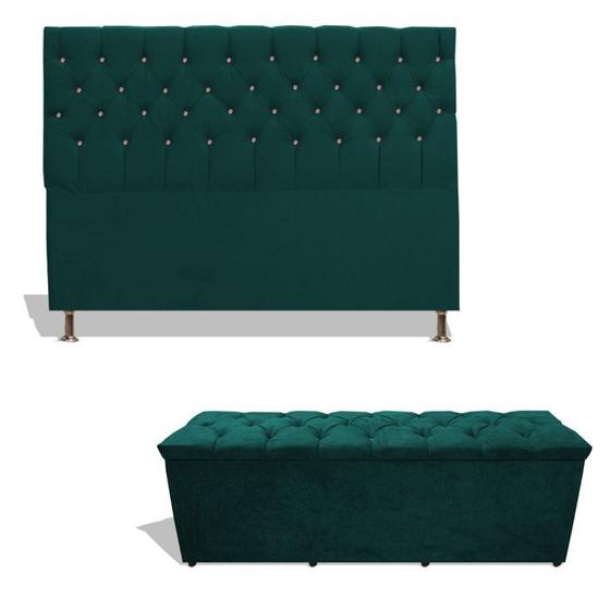 Imagem de Kit Estrela Cabeceira De Cama Box Casal 140 cm + Calçadeira Baú Suede Azul Sea Dimazza Móveis