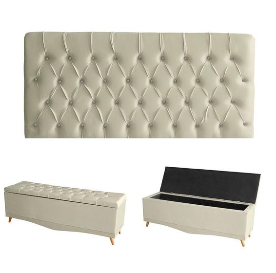 Imagem de Kit Estrela Cabeceira De Cama Painel  e Calçadeira Baú Botão Cristal Casal 140 Cm Suede Porcelana Eli Móveis e Decoração