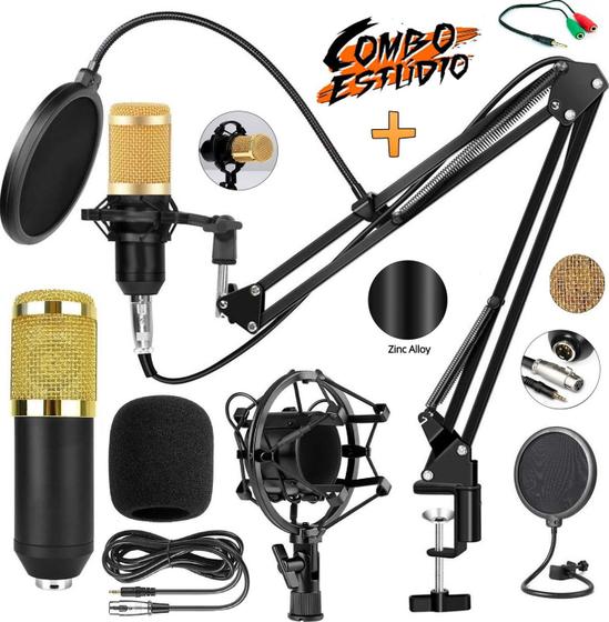 Imagem de Kit Estúdio Completo Microfone Condensador Profissional Pop Filter Suporte Mesa Podcast Canto Gravação Entrevista