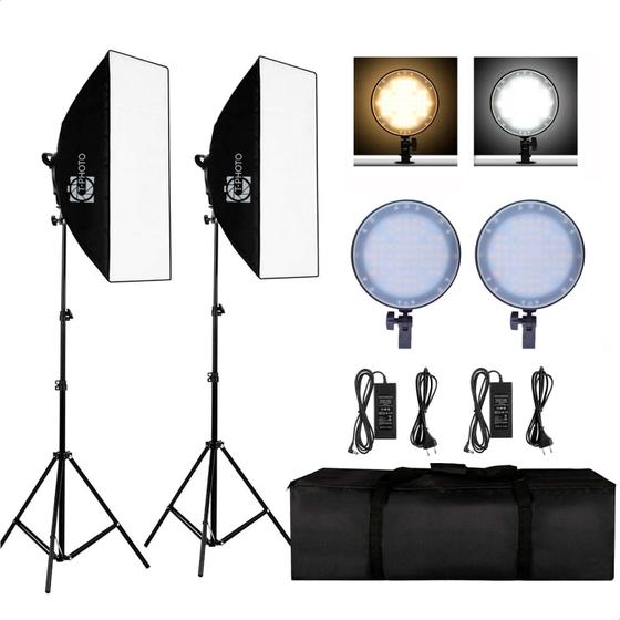 Imagem de Kit Estúdio Fotográfico Led Embutido Softbox Dimerizável Luz Branca e Luz Amarela Regulável Controle Remoto + Bolsa