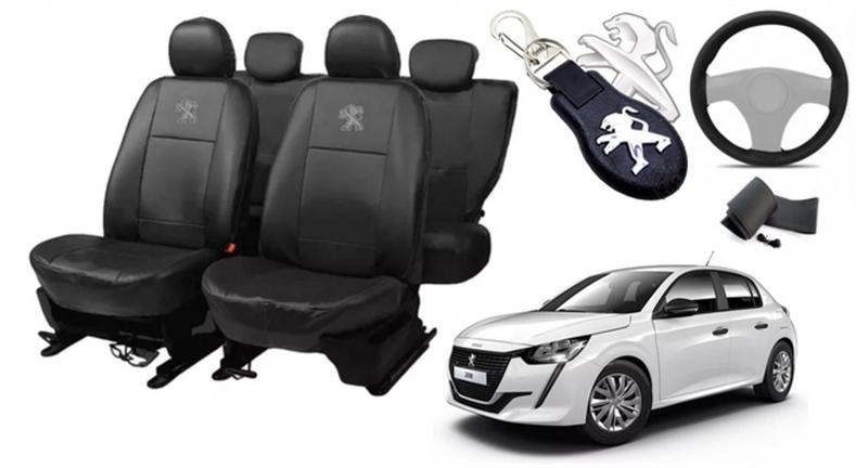 Imagem de Kit Exclusivo: Capas de Couro para Bancos Peugeot 208 2021-2024 + Capa de Volante + Chaveiro