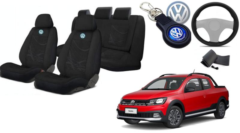 Imagem de Kit Exclusivo: Capas de Tecido para Bancos Saveiro 2009-2023 + Volante + Chaveiro VW