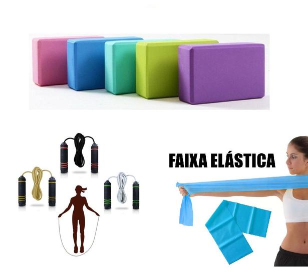 Imagem de Kit Exercicio Em Casa Bloco De Yoga + Corda + Faxa Elastica