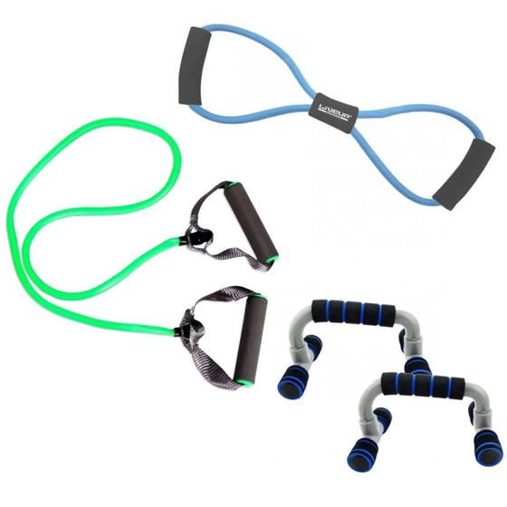 Imagem de Kit Extensor Tensao Media Verde + Extensor em 8 Forte Azul + Par de Apoio Flexao Liveup Sports