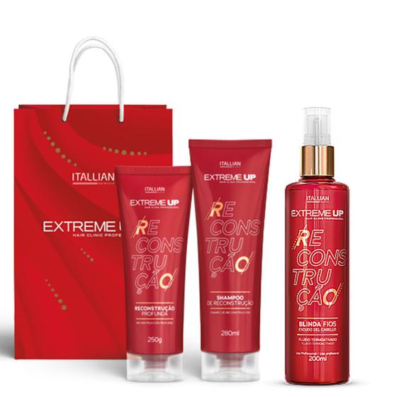 Imagem de Kit Extreme Up Home Care: Shampoo Rescontrução 280ml + Reconstrução Profunda 250g + Brinda Fios 200ml.