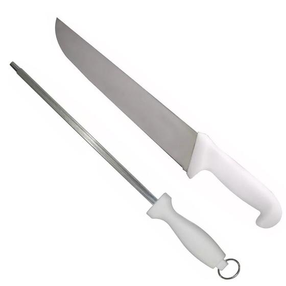 Imagem de Kit Faca Açougue Churrasco Cozinha Aço Inox 12 com Chaira 12 Cabo Branco