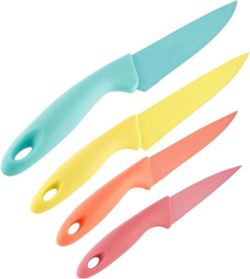 Imagem de Kit Faca de Cozinha Inox Plástico 4 Peças Coloridas