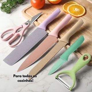 Imagem de Kit Facas de Cozinha Colorido Chef 6 Peças Tesoura Multiusos Descascador Lâminas Inox Diversas Funções