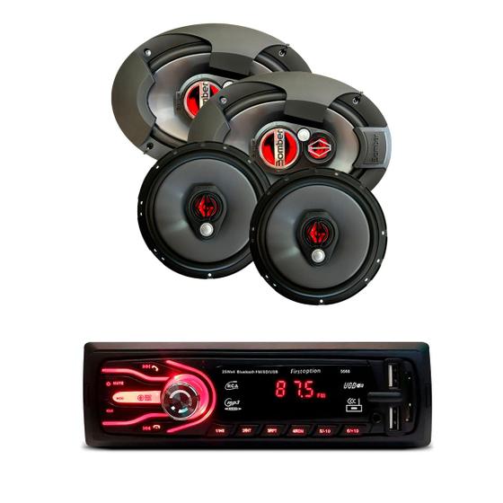 Imagem de Kit Fácil Alto Falantes Bomber 6" + 6x9" 4Ohms + Rádio Automotivo First Option 5566 USB/BT/SD Card