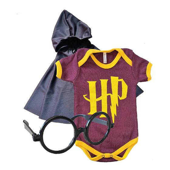 Imagem de Kit Fantasia De Bebê Harry Potter Mêsversário Roupinha Body capa óculos letra