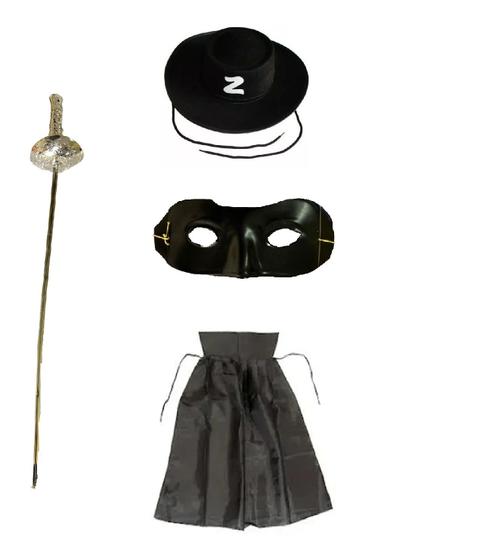 Imagem de Kit Fantasia Infantil Zorro Chapéu, Capa, Espada e Máscara