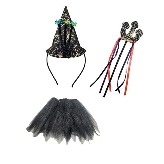 Imagem de Kit Fantasia Saia Tiara Bruxa e Varinha Halloween Carnaval