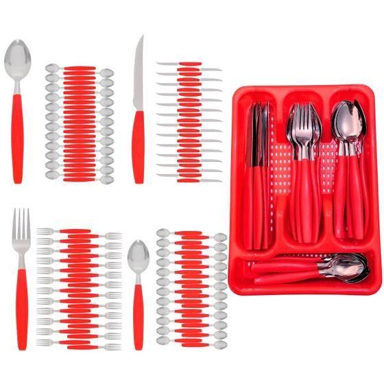 Imagem de Kit Faqueiro Berlim Vermelho Inox 96 Pçs C/ 4 Porta Talheres