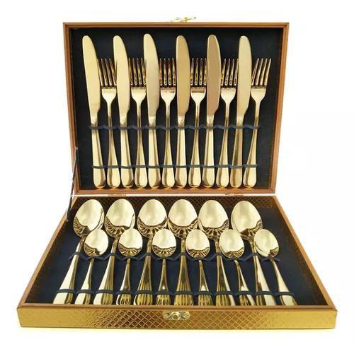 Kit Faqueiro Maleta De Talheres Inox 24 Peças Dourado Luxo Menor preço em Kit Faqueiro Maleta De Talheres Inox 24 Peças Dourado Luxo